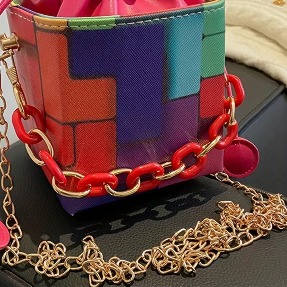 ๐โจ Trendy Colorblock Geometric Pattern Drawstring Bucket Bag, - Picture 2 of 3
